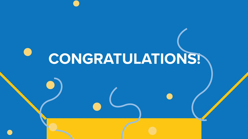 An open box with word "Congratulations!" above it with confetti falling down. 