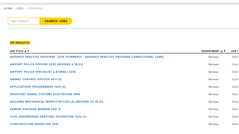 Screenshot of jobs opening page displaying a list of open jobs. 